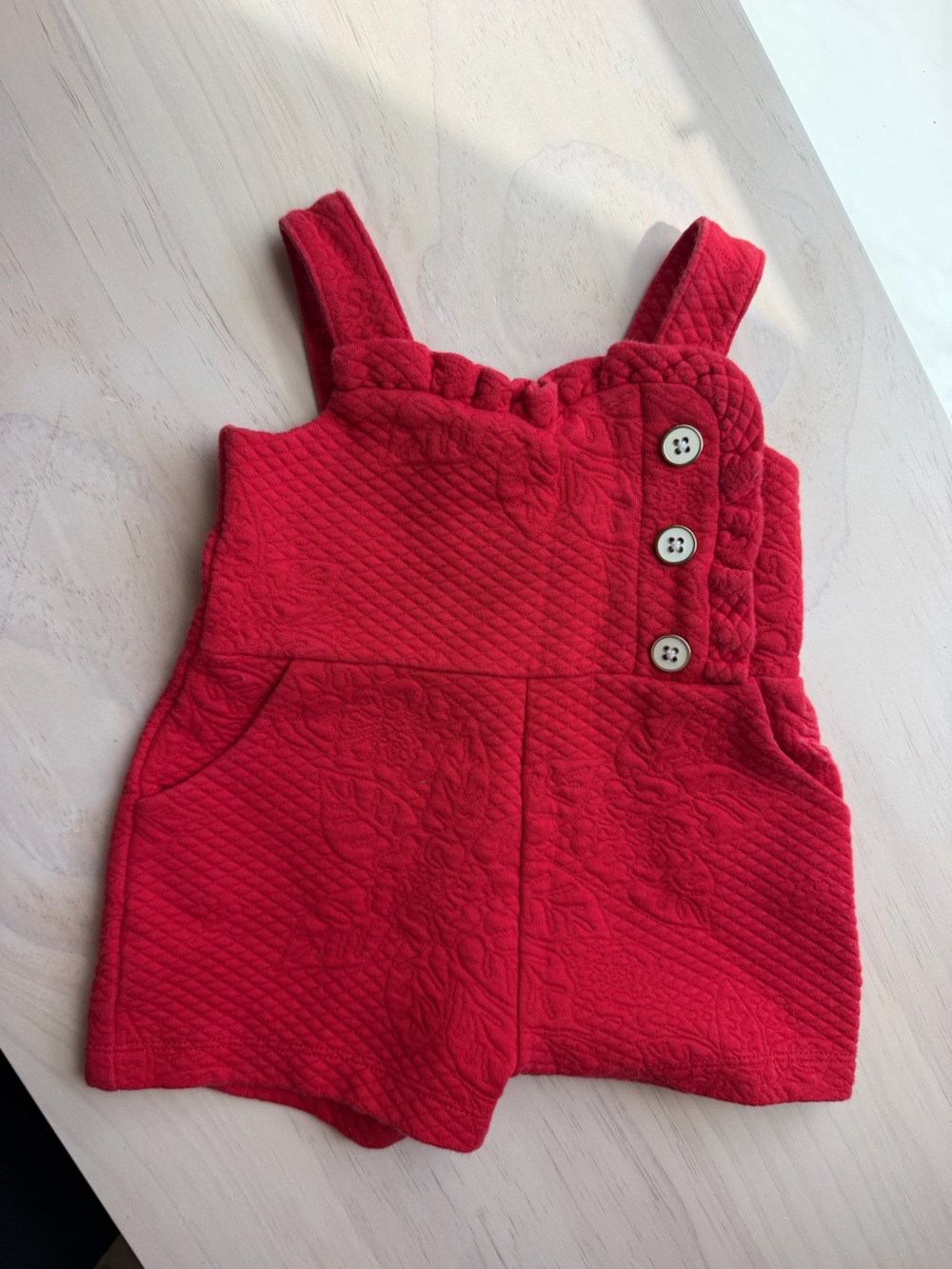 Janie and Jack Red Quilted Floral-Texture Kids Suspender Romper